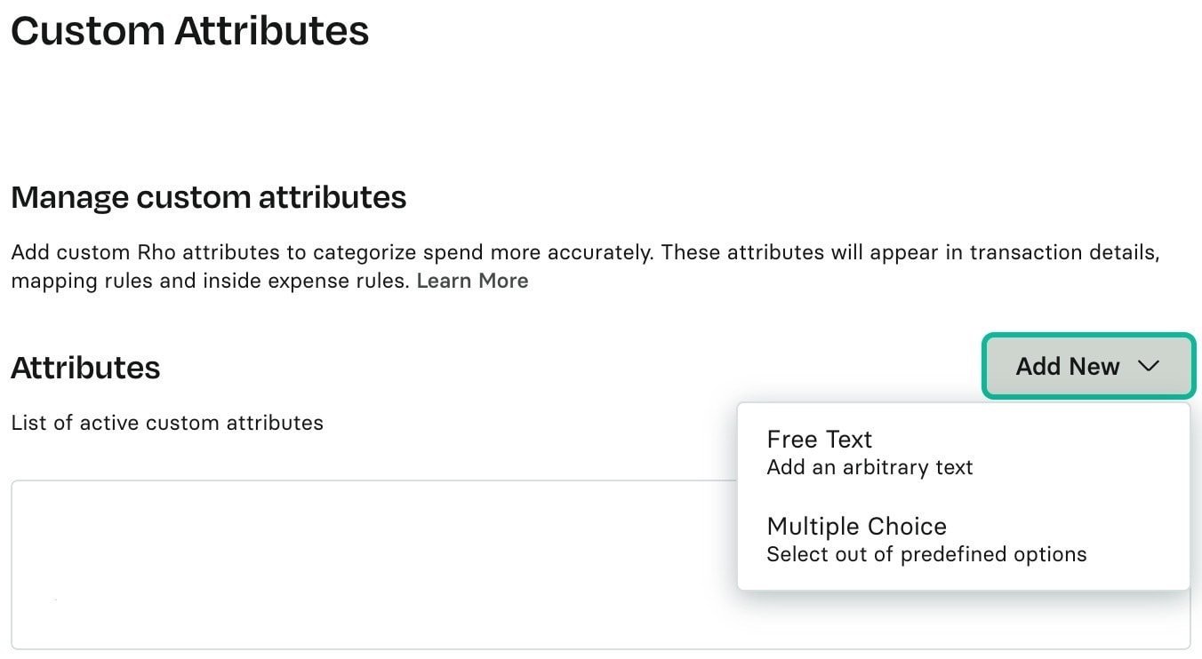 The Custom Attributes page with the Add New menu open, offering Free Text or Multiple Choice
