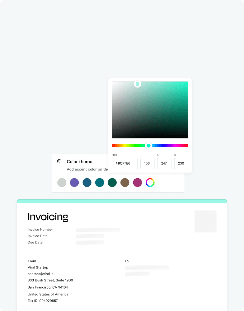 An invoice design interface featuring a color picker and color theme options. The invoice has placeholder text and contact details for "Viral Startup."